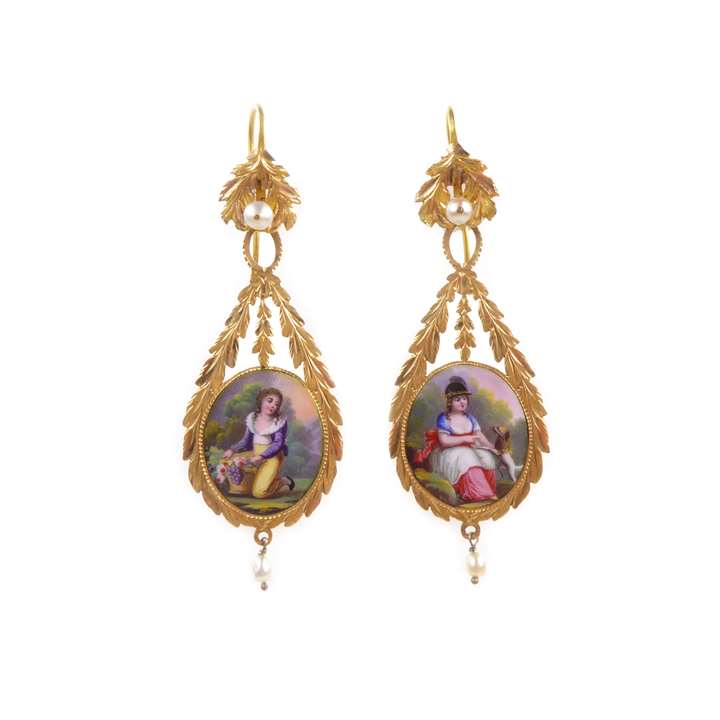 Pair of gold and figural enamel pendant earrings